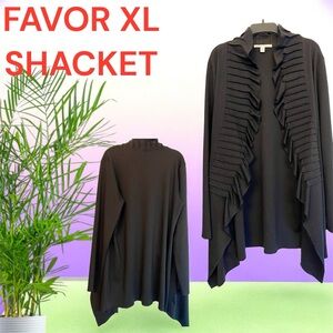 FAVOR Elegant Black Pleated Ruffled Front Women's Cardigan Sweater Size: XL EUC